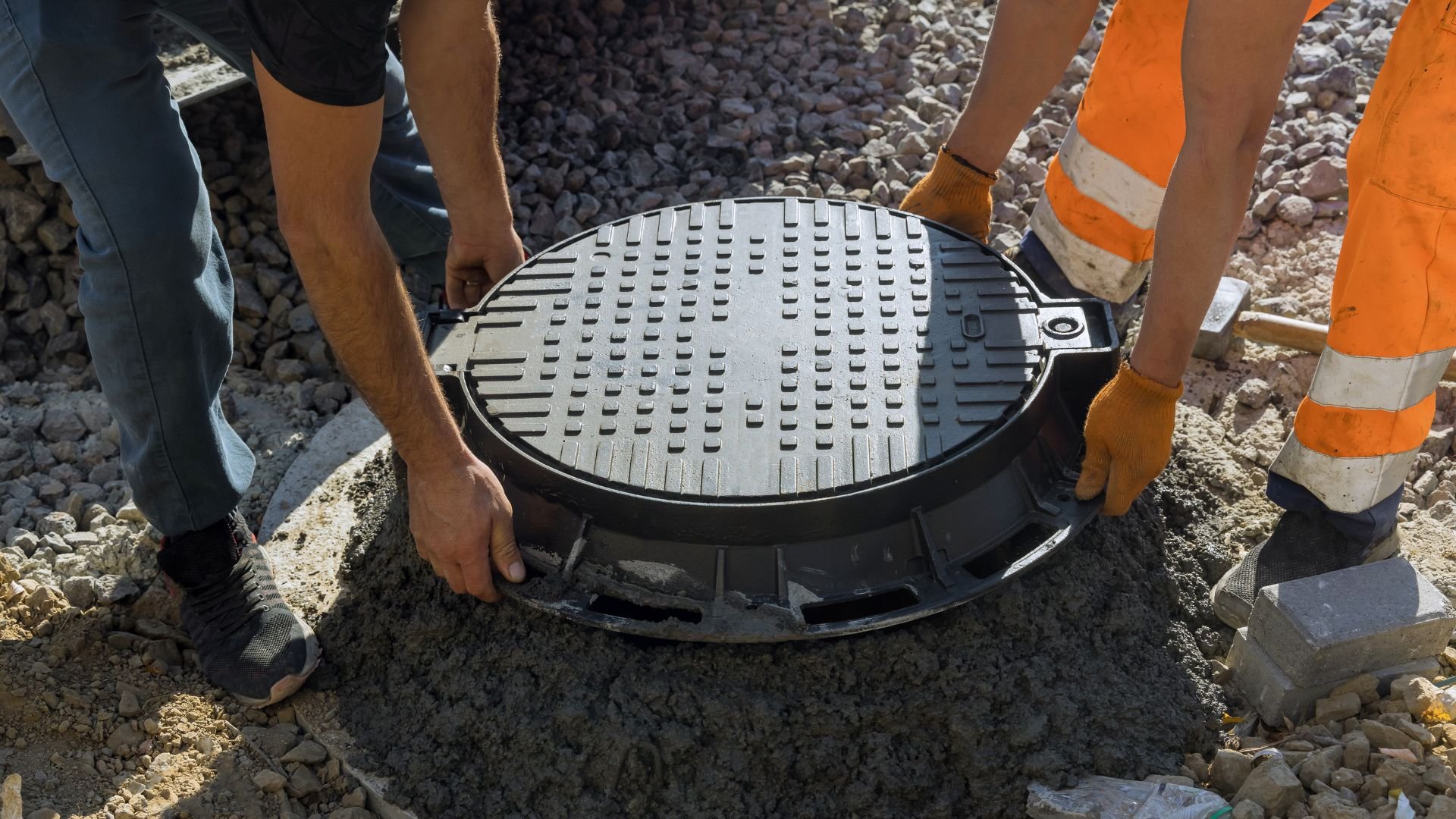 Workers installing a heavy manhole cover on a construction site
